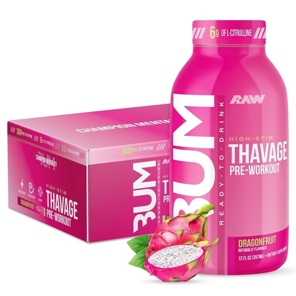 RAW Nutrition BUM Thavage Ready-to-Drink Pre-Workout, Dragonfruit, Zero Sugar