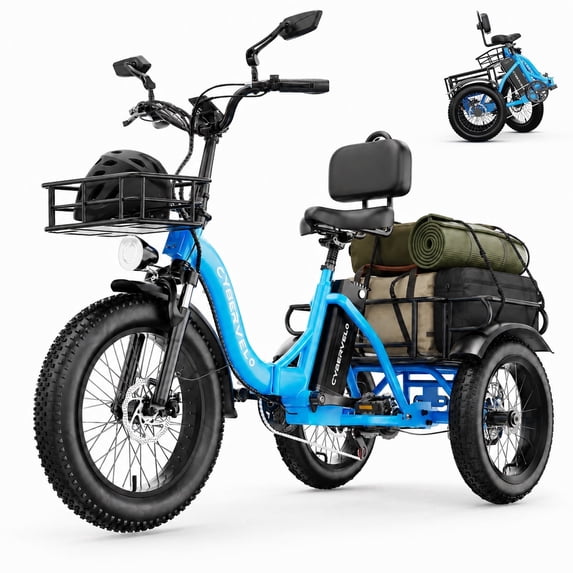 CBVELO Electric Tricycle for Adults, 750W Peak Folding 20 inch Fat Tire, Easy Step-Thru Frame, Removable Battery Dual Baskets with Cargo Seniors C16