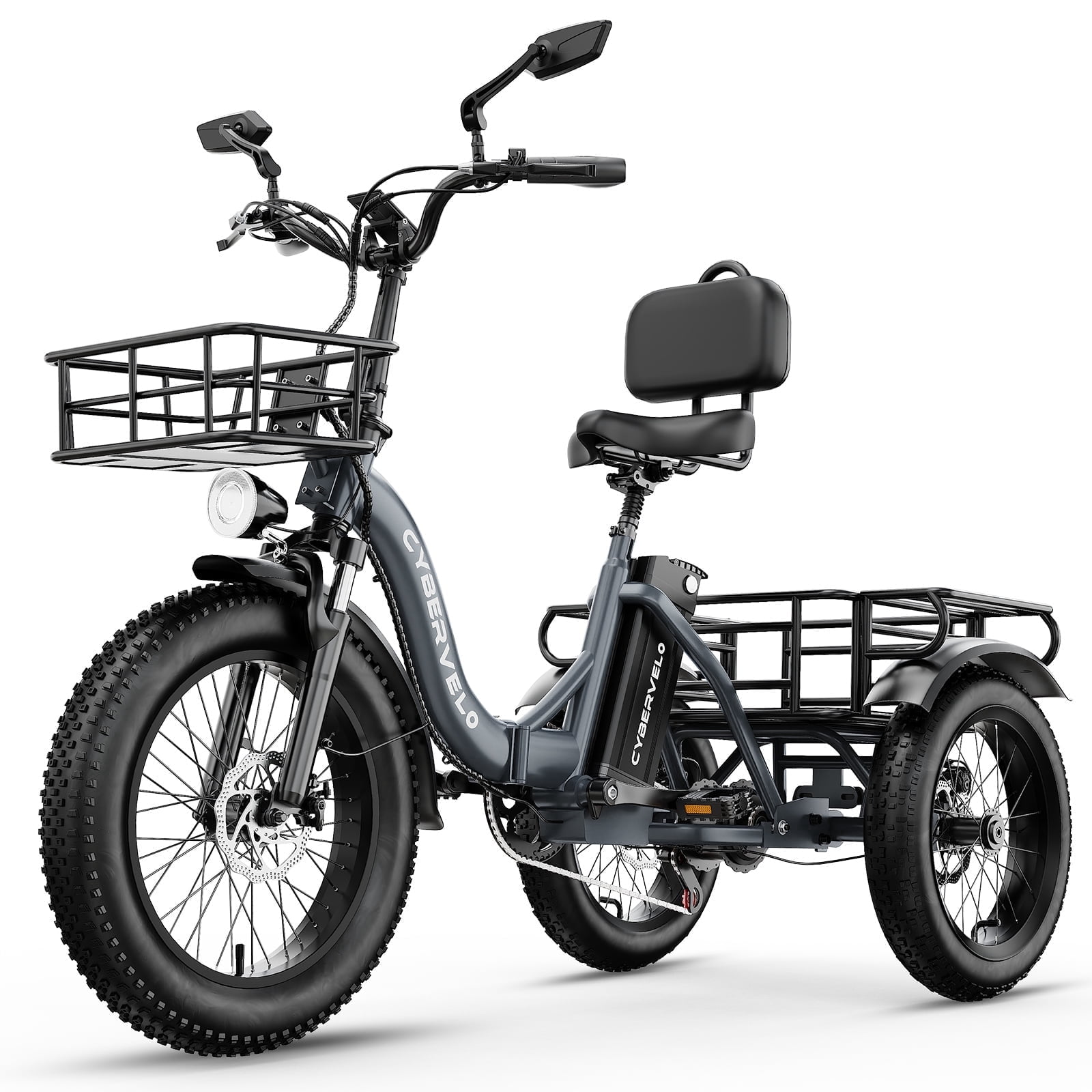 CBVELO Electric Tricycle for Adults, 750W Peak Folding 20 inch Fat Tire, Easy Step-Thru Frame, Removable Battery Dual Baskets with Cargo Seniors C16