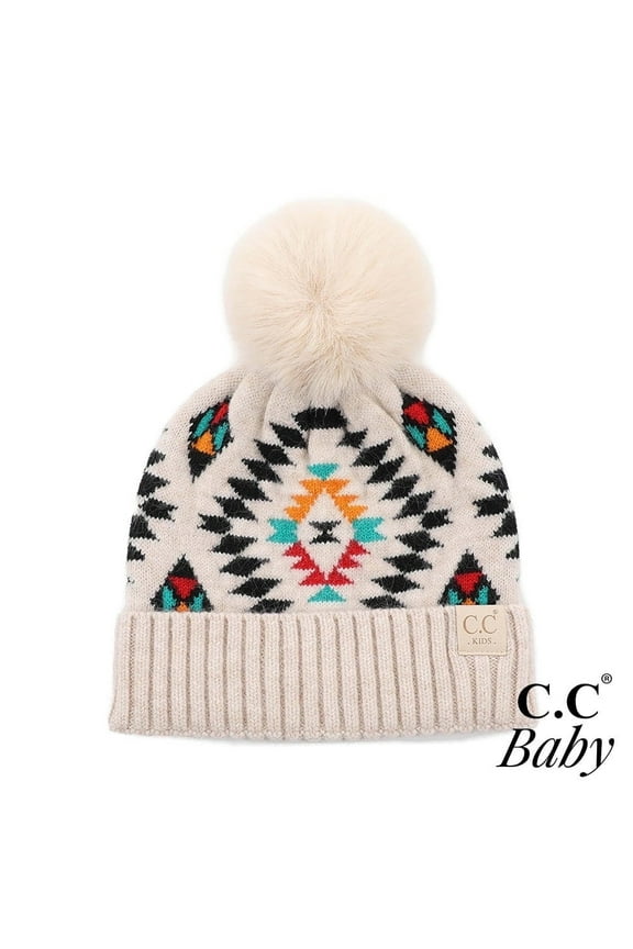 CC Baby Aztec Newborn to 9 Months Soft Pom Pom Beanie Hats in Beige - Soft, Warm Hats for Babies and Toddlers - Cozy Winter Wear