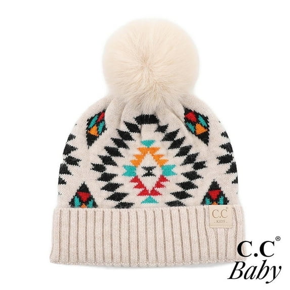 CC Baby Aztec Newborn to 9 Months Soft Pom Pom Beanie Hats in Beige - Soft, Warm Hats for Babies and Toddlers - Cozy Winter Wear