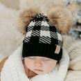thumbnail image 1 of CC Baby Double Pom Buffalo Plaid Newborn to 9 Months Infant Beanie Black White - Soft, Warm Hats for Babies and Toddlers - Cozy Winter Wear, 1 of 7