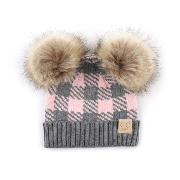 CC Baby Double Pom Buffalo Plaid Newborn to 9 Months Infant Beanie Light Grey Pink - Soft, Warm Hats for Babies and Toddlers - Cozy Winter Wear