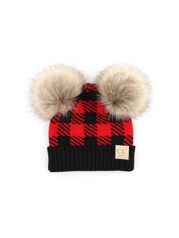 CC Baby Double Pom Buffalo Plaid Newborn to 9 Months Infant Beanie Red Black - Soft, Warm Hats for Babies and Toddlers - Cozy Winter Wear