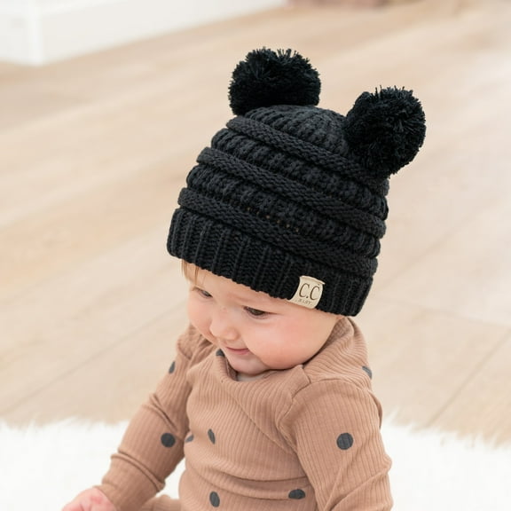 CC Baby Double Pom Cable Knit Yarn Pom Newborn to 9 Months Infant Beanie Black - Soft, Warm Hats for Babies and Toddlers - Cozy Winter Wear