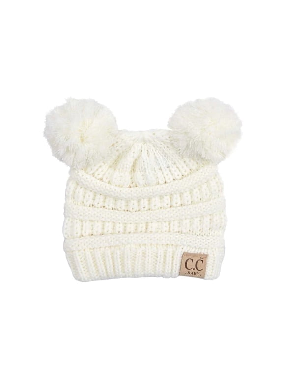 CC Baby Double Pom Cable Knit Yarn Pom Newborn to 9 Months Infant Beanie Ivory - Soft, Warm Hats for Babies and Toddlers - Cozy Winter Wear