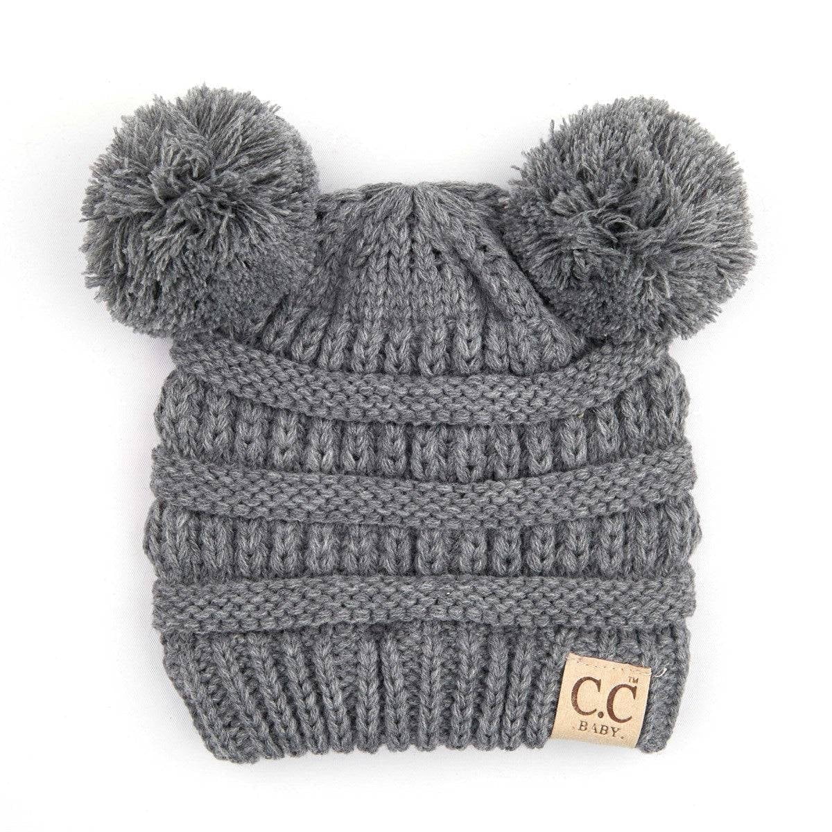 CC Baby Double Pom Cable Knit Yarn Pom Newborn to 9 Months Infant Beanie Light Grey - Soft, Warm Hats for Babies and Toddlers - Cozy Winter Wear