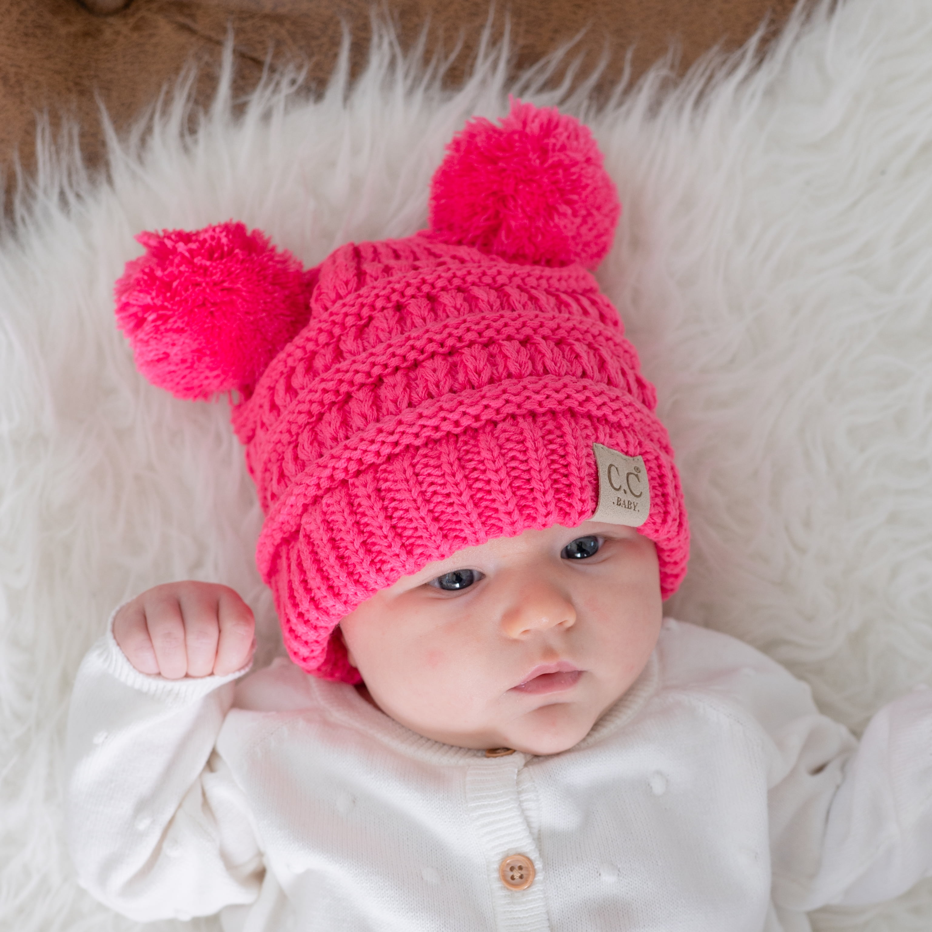 CC Baby Double Pom Cable Knit Yarn Pom Newborn to 9 Months Infant Beanie New Candy - Soft, Warm Hats for Babies and Toddlers - Cozy Winter Wear