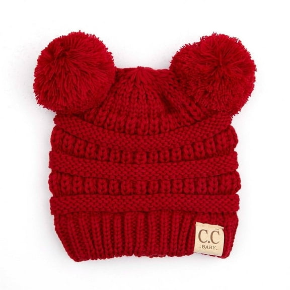 CC Baby Double Pom Cable Knit Yarn Pom Newborn to 9 Months Infant Beanie Red - Soft, Warm Hats for Babies and Toddlers - Cozy Winter Wear