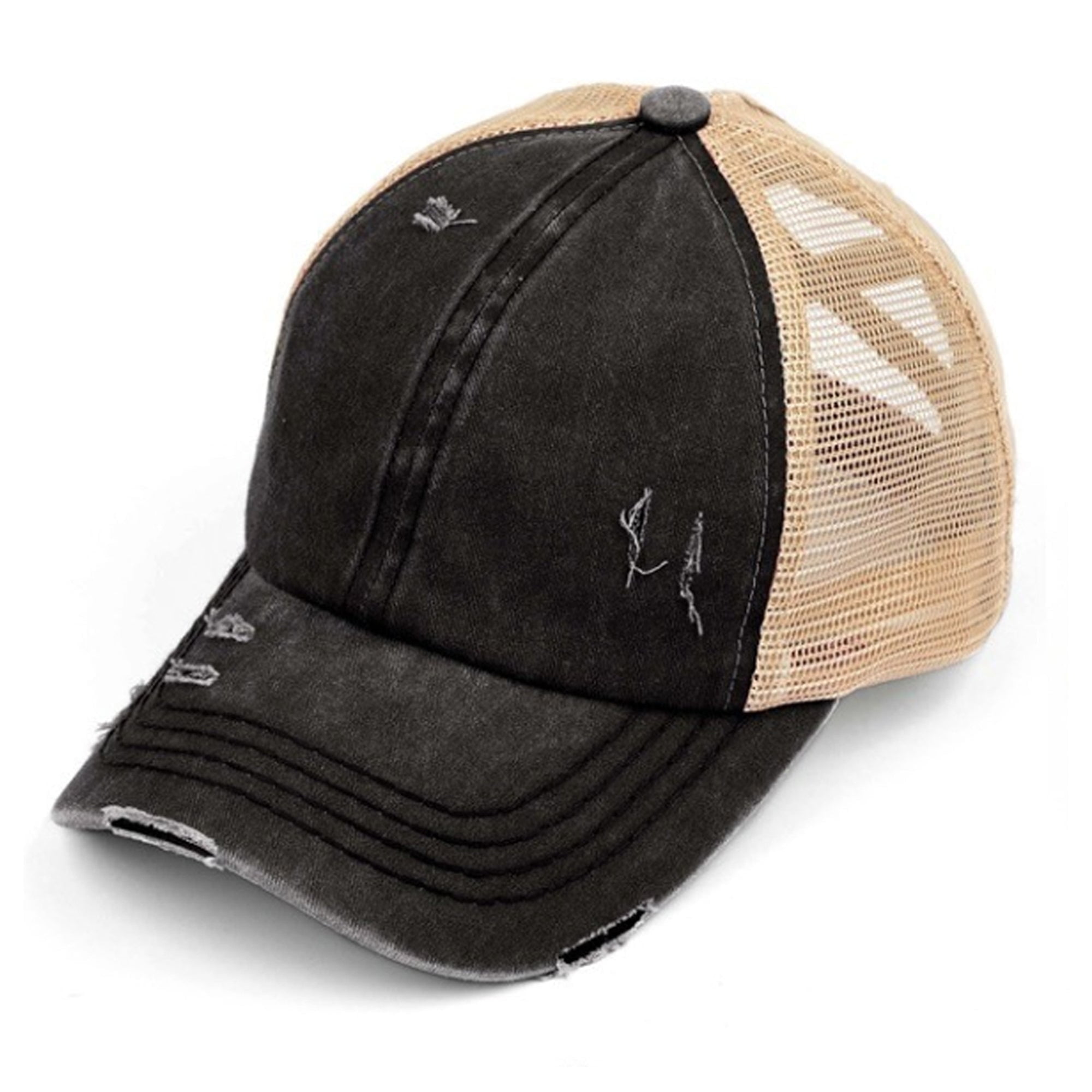 C.C Ponytail Criss Cross Messy Buns Ponycaps Baseball Cap Dad Trucker Mesh Hat (Distressed Black/Beige)