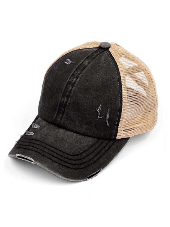 C.C Ponytail Criss Cross Messy Buns Ponycaps Baseball Cap Dad Trucker Mesh Hat (Distressed Black/Beige)
