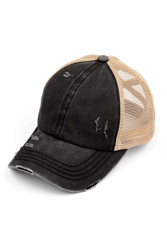 C.C Ponytail Criss Cross Messy Buns Ponycaps Baseball Cap Dad Trucker Mesh Hat (Distressed Black/Beige)