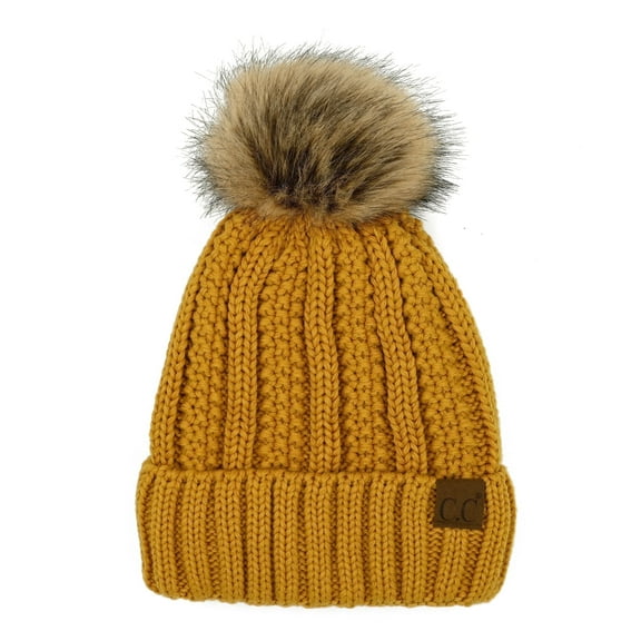C.C Pom Thick Beanie Sherpa Lined Knit Cap, Mustard