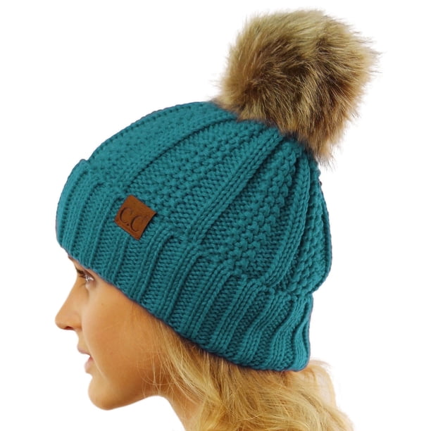 〽️Women Teal Winter Pom Pom Beanie Hat with Warm Fleece Lined XL Queen Knit Beanie Hat with Finn Raccoon Pom Pom in Teal  main image 2