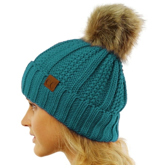C.C Pom Thick Beanie Sherpa Lined Cozy Cap, Teal