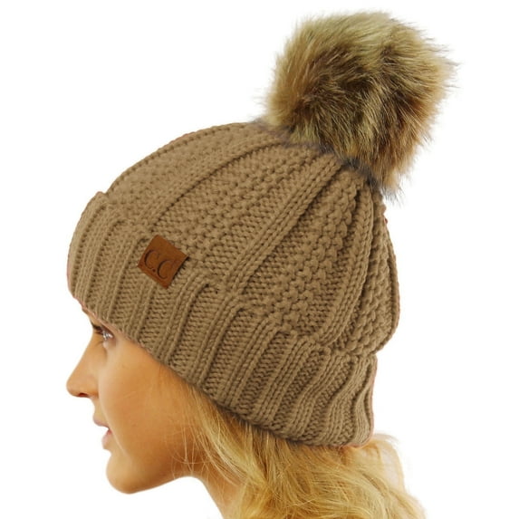 CC Brand Pom Thick Beanie Sherpa Lined Chunky Knit Stretch Women's Winter Hats Cap