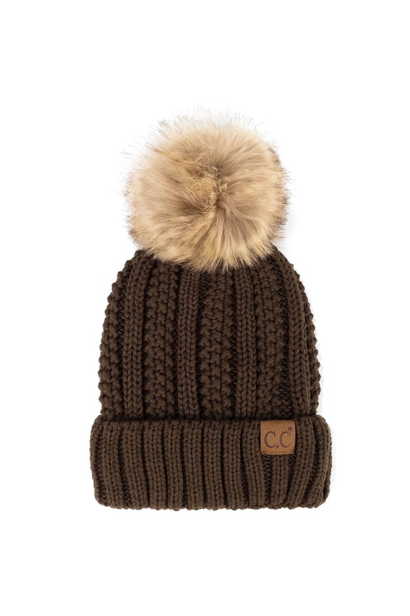 Pom Thick Beanie Sherpa Lined Chunky Beanie, Moss