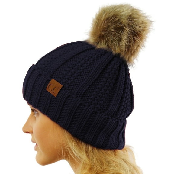CC Brand Pom Thick Beanie Sherpa Lined Chunky Knit Stretch Women's Winter Hats Cap