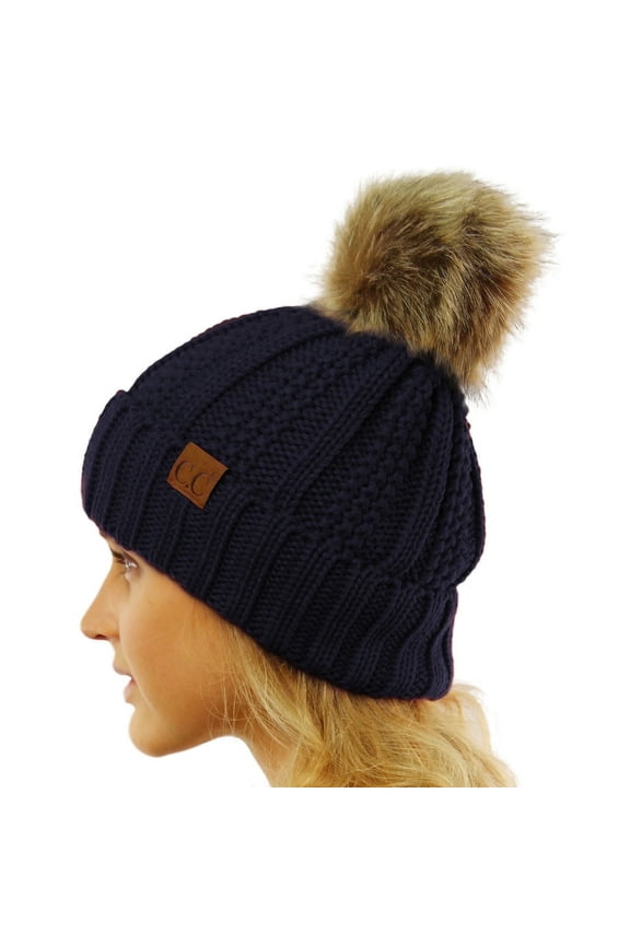 CC Brand Pom Thick Beanie Sherpa Lined Chunky Knit Stretch Women's Winter Hats Cap