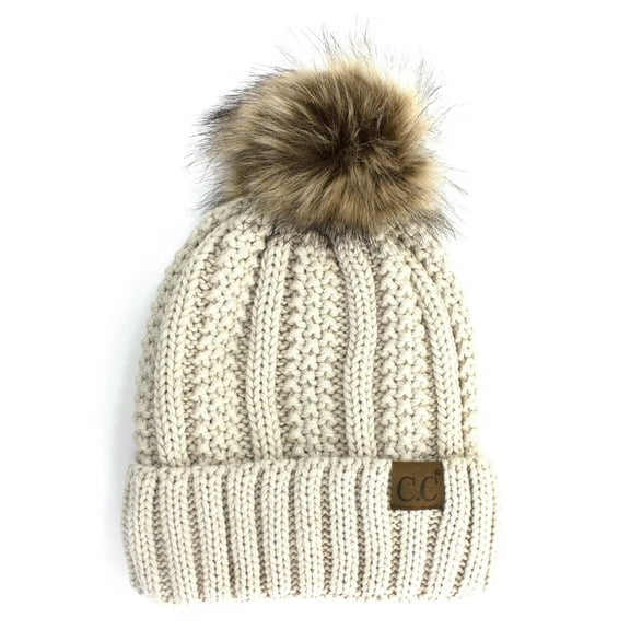 CC Brand Pom Thick Beanie Sherpa Lined Chunky Knit Stretch Women's Winter Hats Cap