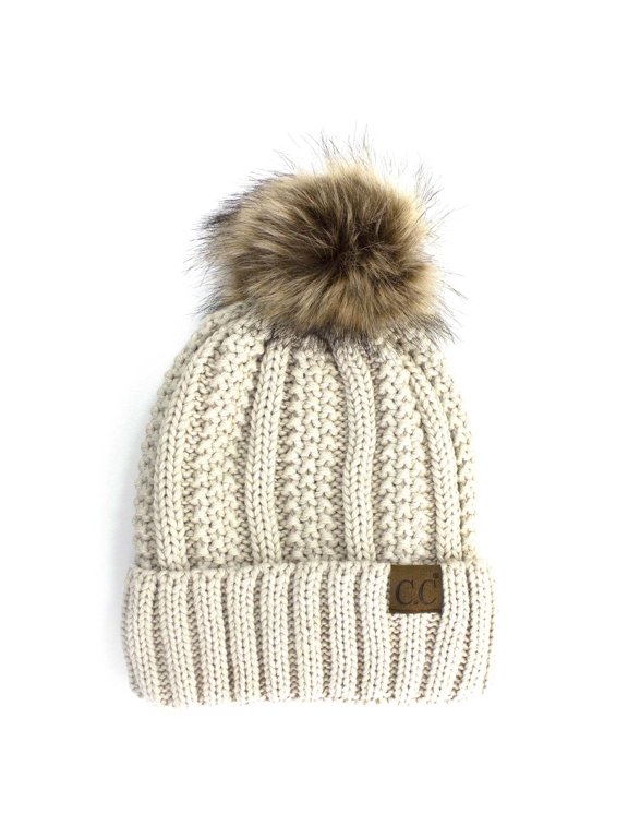 CC Brand Pom Thick Beanie Sherpa Lined Chunky Knit Stretch Women's Winter Hats Cap