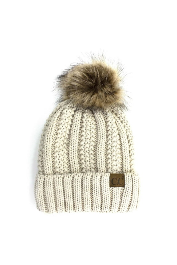 CC Brand Pom Thick Beanie Sherpa Lined Chunky Knit Stretch Women's Winter Hats Cap