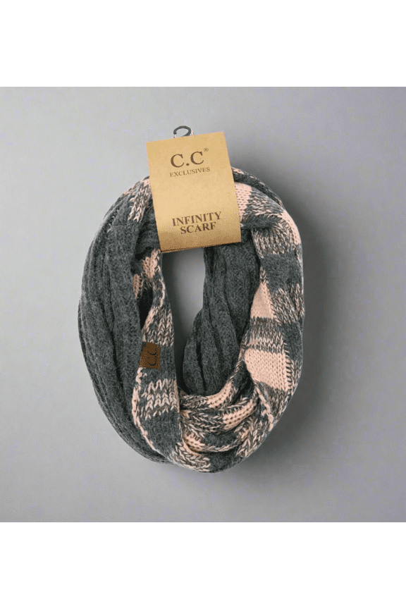 CC Buffalo Plaid Scarf, Fits Adults and Kids, Grey Pink Mix