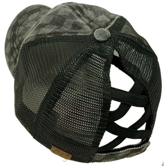 CC Check Print Criss-Cross Elastic Back Women's Ponytail Dad Cap Hat