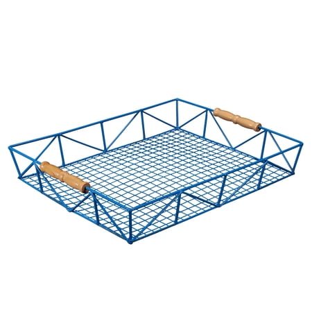 CC Christmas Decor 14.5" Blue and Brown Rectangular Metallic Tabletop Wire Tray with Handles
