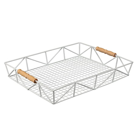 CC Christmas Decor 14.5" White and Brown Rectangular Metallic Tabletop Wire Tray with Handles