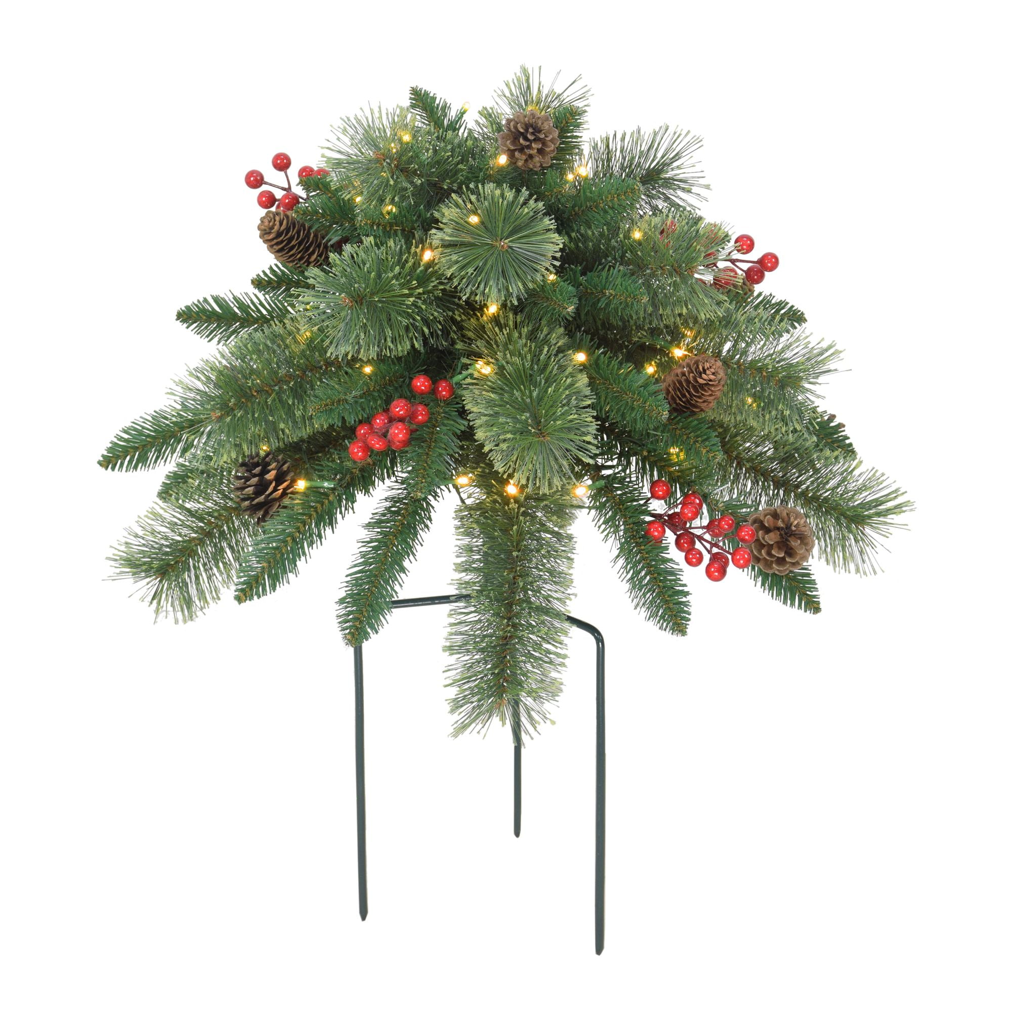 CC Christmas Decor 24" PreLit Pine Cones and Berries Christmas Urn Filler, White Lights