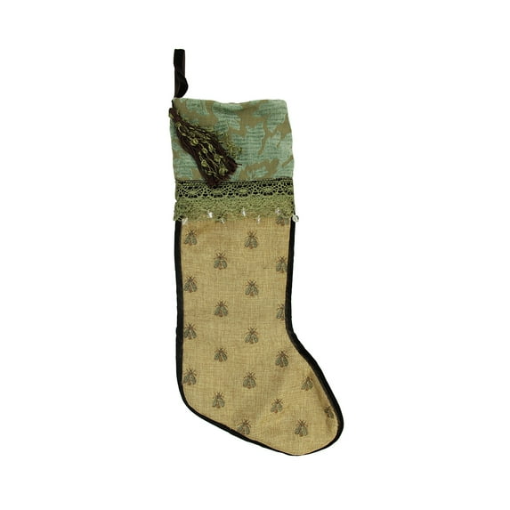 CC Christmas Decor 27" Tortilla Brown and Sage Green Embroidered Patina Jacquard Christmas Stocking