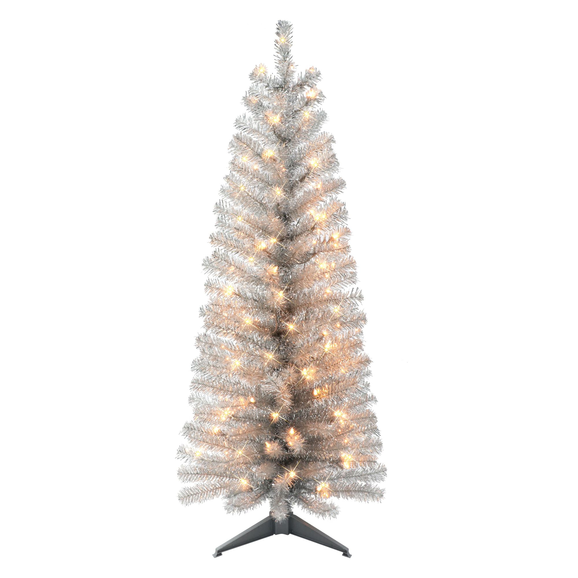 CC Christmas Decor 4.5' Pre-lit Silver Tinsel Slim Artificial Christmas Tree, Clear Lights