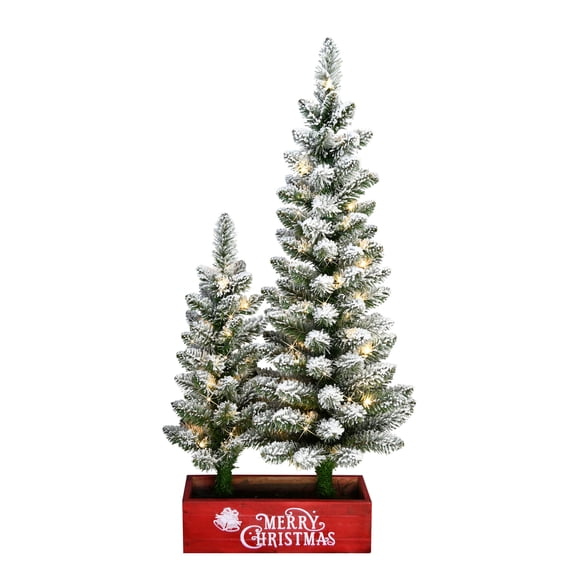 CC Christmas Decor Pre-lit Double Potted Flocked Slim Artificial Christmas Tree - 3’ - Clear Lights