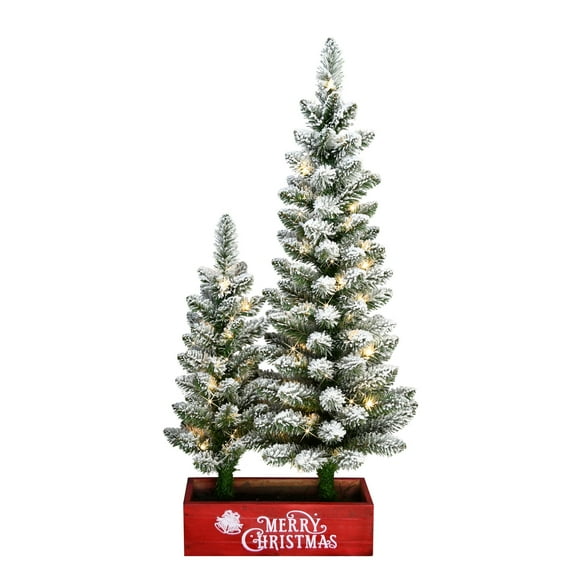 CC Christmas Decor Pre-lit Double Potted Flocked Slim Artificial Christmas Tree - 3 - Clear Lights