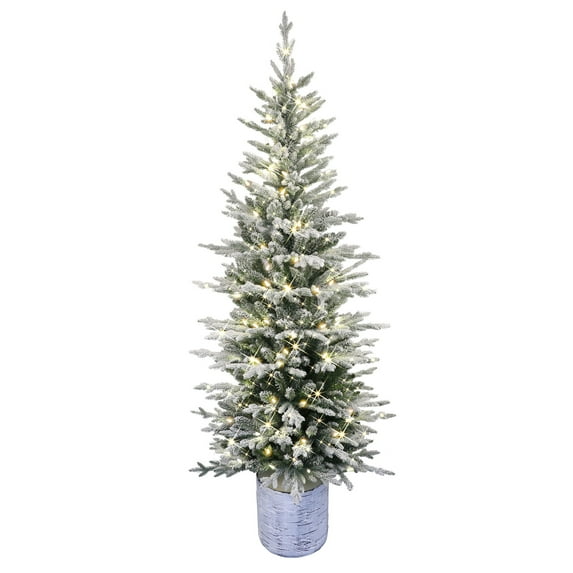 CC Christmas Decor Pre-lit Potted Flocked Arctic Fir Pencil Christmas Tree - 6’ - Warm White Lights