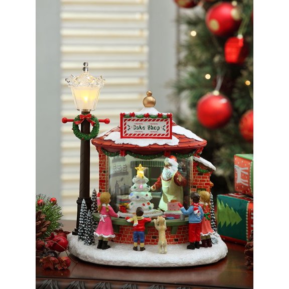 Set of 2 Christmas Themed Cake Shop Musical Tabletop Decor 10"