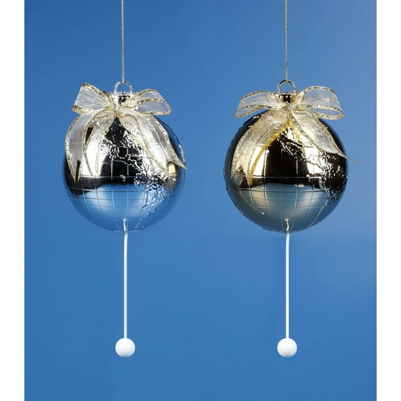 CC Christmas Decor Set of 2 Silver Finish and Gold Pull-String Musical Globe Ornaments 5”
