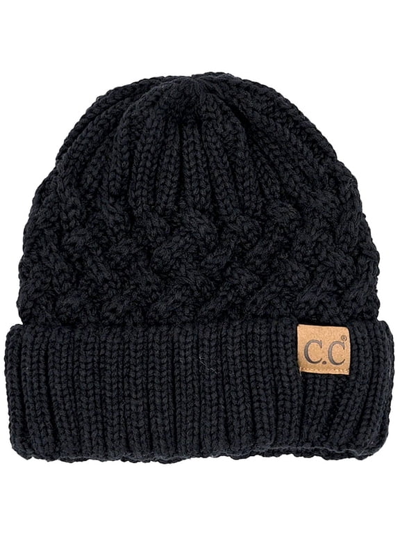 CC Classic Winter Fall Trendy Chunky Stretchy Cable Knit Beanie Hat (Cuffed Cross Over Black)
