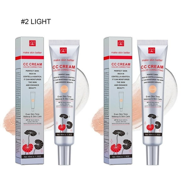 CC Cream with Centella Asiatica, Color Correcting CC Cream Lightweight Skin Perfector Tinted Moisturiser, Full Coverage Invisible Pores Face Concealer Makeup CC Cream Light with SPF 25 (Light*2 PCS)