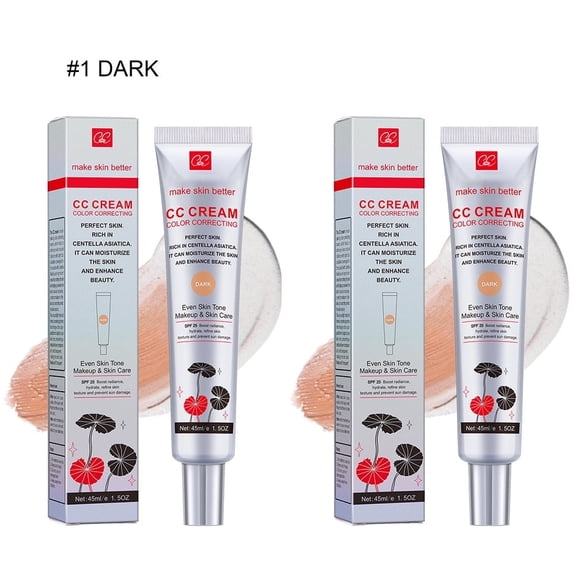 CC Cream with Centella Asiatica, Color Correcting CC Cream Lightweight Skin Perfector Tinted Moisturiser, Full Coverage Invisible Pores Face Concealer Makeup CC Cream Light with SPF 25 (Dark*2 PCS)