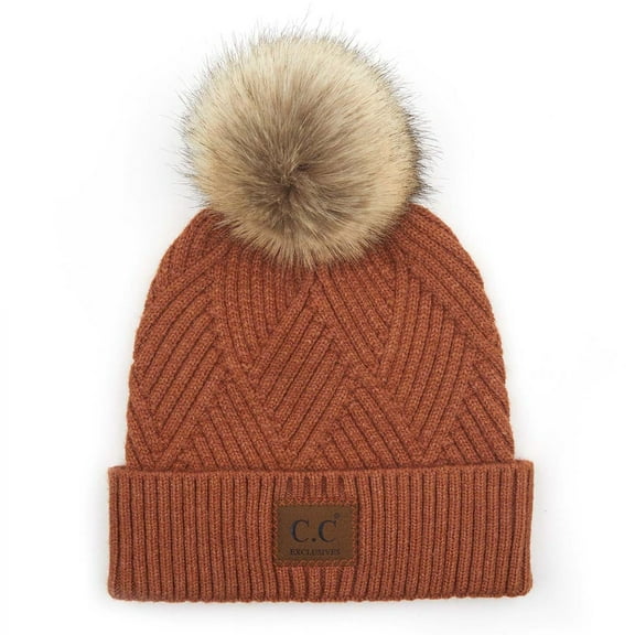 C.C Criss Cross Suede Patch Beanie Cozy Knit Hat for All Ages, Rust Mix
