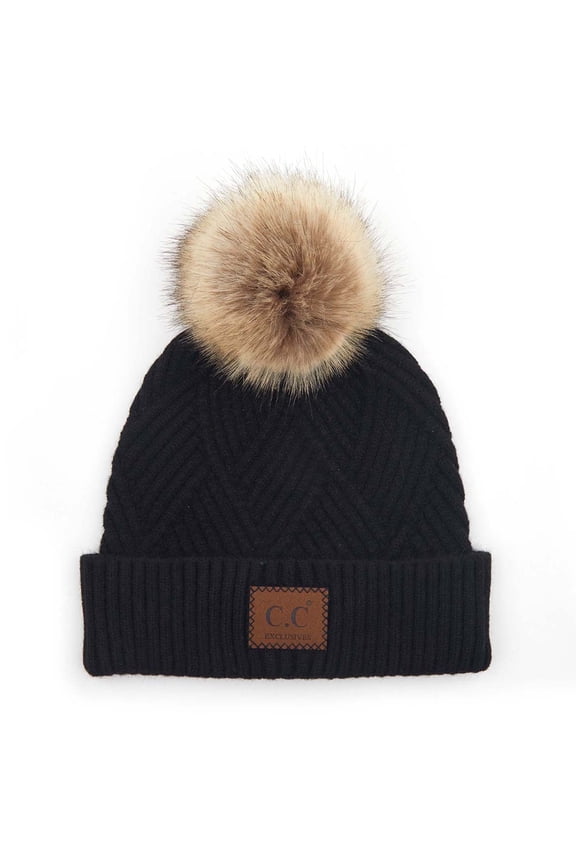 Criss Cross Suede Patch Beanie Cozy Knit Hat for All Ages, Black