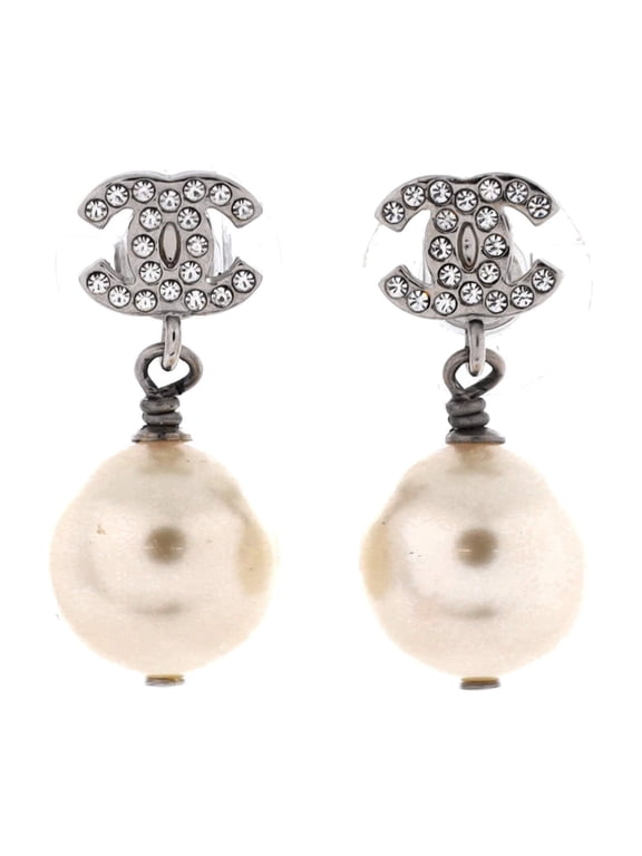 CC Dangle Earrings Crystal Embellished Metal with Faux Pearls By Rebag