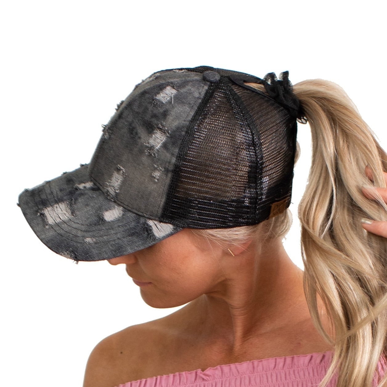 CC Destroyed Denim Ponytail Baseball Cap Hats