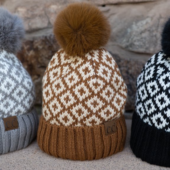 CC Diamond Pattern Faux Fur Pom Beanie