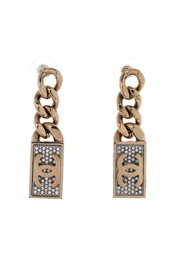 CC Dog Tag Charm Drop Earrings Metal with Crystals By Rebag