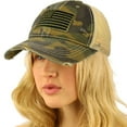 thumbnail image 1 of CC Everyday Distressed Trucker Mesh Summer Vented Baseball Sun Cap Hat (American Flag Camo Olive), 1 of 4