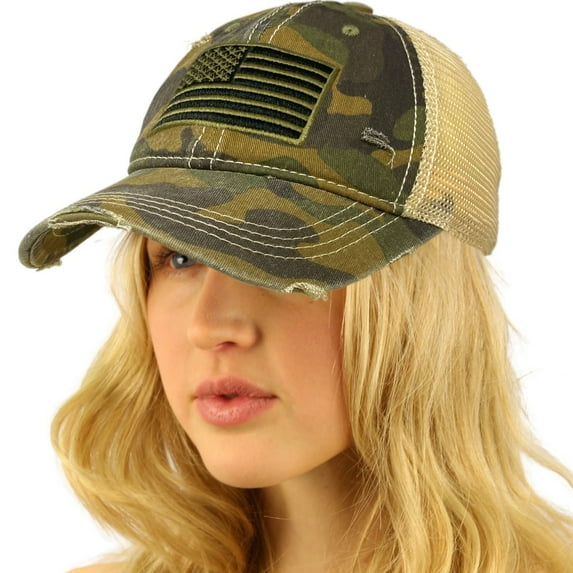 CC Everyday Distressed Trucker Mesh Summer Vented Baseball Sun Cap Hat (American Flag Camo Olive)