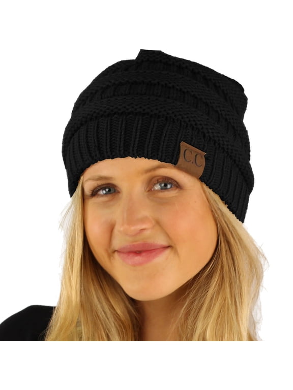 CC Fleeced Fuzzy Lined Unisex Chunky Thick Warm Stretchy Beanie Hat Cap (Solid Black)